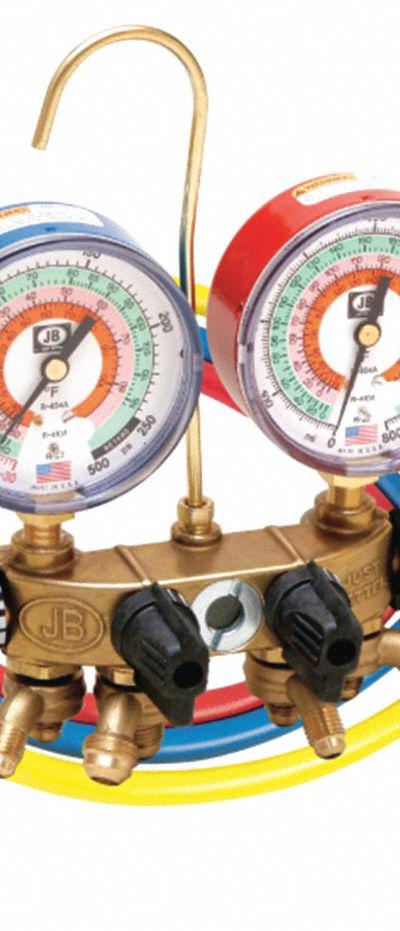 JB INDUSTRIES Manifold Gauge: 4 Valves, 4 Hoses, Series REVOLVER, 2 1/2 in Gauge - Analog Manifold Gauge Kits