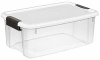 STERILITE Storage Tote: 4.5 gal, 18 1/8 in x 12 1/4 in x 7 in, Clear Body, White Lid, White, Clear (MPN 19849806). Key specifications — attr1188666: Plastic; attr1188675: Clear; attr1188676: White; attr1188687: STERILITE.