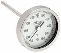DWYER Sanitary Dial Thermometer: 50°F to 550°F, +/- 1% Accuracy, 3 in Dial Dia, 4.5 in Stem Lg (MPN BT15S34571). Key specifications — Accuracy: +/- 1%; Brand: DWYER.