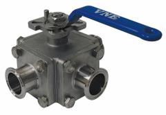 VNE Manual Three-Way Ball Valve: 2 1/2 in, 316 Stainless Steel, T Flow, 600 psi Max. Pressure (CWP) (MPN EG93CCC-62.5-T). Key specifications — Brand: VNE; Inlet Connection Entry: Side; Average Surface Roughness (Ra): 20 micron; Handle: Locking Lever.