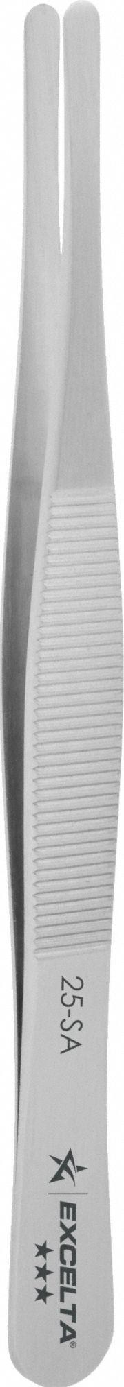 EXCELTA Tweezers: Stainless Steel, Point, Straight Tip, 0.016 in Tip Thick (MPN 25-SA). Key specifications — attr1002355: Stainless Steel; attr1002345: EXCELTA; attr1002348: Stainless Steel; attr1002358: Serrated; attr1002361: 25-SA; attr1024781: Standard.