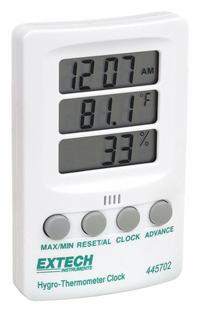 EXTECH Digital Hygrometer: Time (MPN 445702). Key specifications — Primary Scale: Time; Secondary Scale: Humidity/Temperature; Display Type: LCD; Brand: EXTECH.