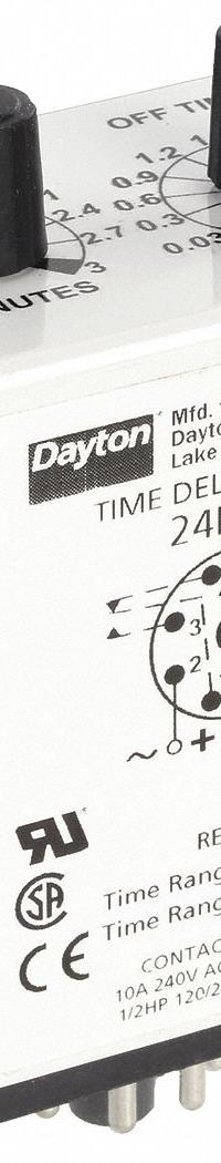 DAYTON Single Function Time Delay Relay: Socket Mounted, 24V AC/DC, 10 A, 8 Pins/Terminals (MPN 24EP33). Key specifications — Brand: DAYTON.