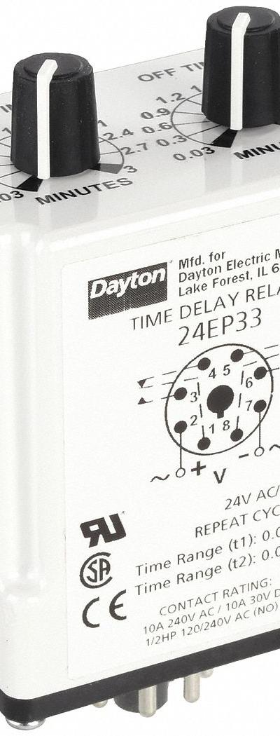 Dayton Single Function Time Delay Relay: Socket Mounted, 24V AC/DC, 10 A - Socket-Mounted Relays