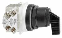 SCHNEIDER Selector Switch: 30 mm Panel Mounting Size, 2 Positions, Extended Lever, DPDT (MPN 9001SKS11FBH2). Key specifications — AC Contact Rating: 1.5 A @ 480 V; Action: Maintained/Maintained; Cam: E; DC Contact Rating: 0.27 A @ 250 V; Hazardous Location Specification: Not Rated; Operator Head Material: Polycarbonate; Operator Head Type: Long-Handled Knob; Operator Illumination: Non-Illuminated.