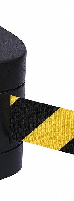 TENSABARRIER Barrier Post with Belt: Removable Mounting Plate, 15 ft Belt Lg, Pattern, Black/Yellow (MPN 897-15-R-33-NO-D4X-C). Key specifications — Frame Color: Black; Brand: TENSABARRIER; Belt Color: Black/Yellow.