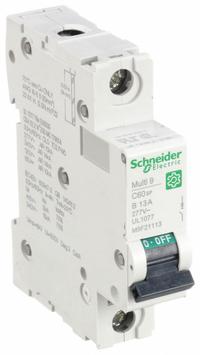 SCHNEIDER IEC Supplementary Protector: 13 A Amps, 60V DC, 14kA at 120/240V AC, Screw Clamp, C60SP, B (MPN M9F21113). Key specifications — Brand: SCHNEIDER; Terminal Connection: Screw Clamp; DC Voltage Rating: 60V DC; Max. AIR Rating: 14kA at 120/240V AC; Series: C60SP; AC Voltage Rating: 240/415V AC; Curve Type: B.