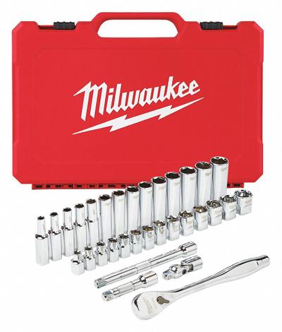 MILWAUKEE Socket Wrench Set: 3/8 in Drive, 32 Piece, 6-Point, Metric - Metric Socket Sets with Drive Tools