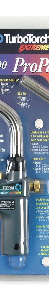 TURBOTORCH Hand Torch: Swirl Flame, Trigger-Start, Fixed Tip (MPN 0386-1299). Key specifications — Brand: TURBOTORCH; Manufacturer Part Number: 0386-1299; Compatible Fuel Type: MAP-Pro; Tip Type: Fixed Tip.