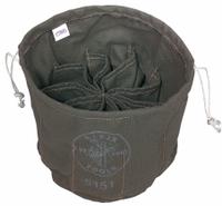 KLEIN TOOLS Bucket Bag: 11 in W x 6 in H, Olive, Canvas, 10 Pockets, Drawstring (MPN 5151). Key specifications — attr1118525: KLEIN TOOLS; attr1125037: Olive; attr1125041: Canvas; attr1203718: No.