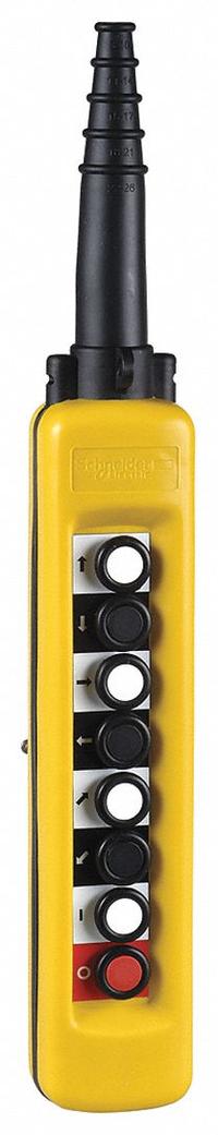 SCHNEIDER ELECTRIC Pendant Control Station: (8) Push Buttons, 8NO/8NC, NEMA 4/4X, (8) Push Buttons (MPN XACA881). Key specifications — AC Contact Rating: 1.2 A @ 600 V; Action: Momentary/Momentary/Momentary/Momentary/Momentary/Momentary/Momentary/Momentary; DC Contact Rating: 0.1 A @ 600 V; Enclosure Material: Plastic; Hub Style: Dead-End; Legend: Up/Down/Right/Left; Operator Configuration: (8) Push Buttons; Brand: SCHNEIDER.