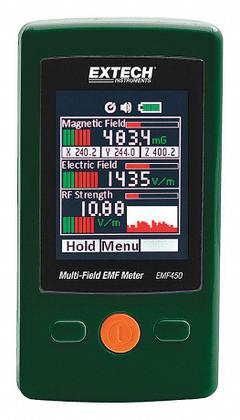 EXTECH EMF Meter: +/-(15% + 100 digits) Magnetic Field Measurement Accuracy, 4 Digits (MPN EMF450). Key specifications — Testing Functions: Magnetic Fields; Magnetic Field Measurement Accuracy: +/-(15% + 100 digits); Brand: EXTECH; Alert Type: Digital Display.