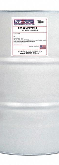 PETROCHEM Compressor Oil: 55 gal, Drum, 10 SAE Grade, 32 ISO Viscosity Grade, 126 Viscosity Index (MPN SYNCOMP PAO-32-055). Key specifications — attr59744: 126; attr59746: 32; attr59736: No; attr59735: Drum; attr59738: Syncomp PAO-32; attr59749: 10.