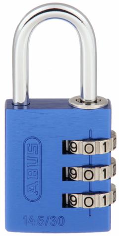 ABUS Combination Padlock: Scrolling Combo, Blue, Aluminum, Std Shackle, Steel Shackle (MPN 145/30 Blue). Key specifications — Dial Color: Silver; Brand: ABUS.