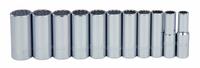 PROTO Socket Set: 1/2 in Drive, 11 Piece, 12-Point, SAE, 1/2 in to 1 1/8 in (MPN J54104). Key specifications — attr1224269: 1/2 in; attr1204685: Tether Ready; attr1204650: 1/2 in to 1-1/8 in; attr1204673: Socket Bits Not Included; attr1204688: PROTO; attr1206170: Deep Sockets.