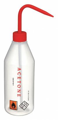 DYNALON Wash Bottle: 500 mL, Acetone, Red, Narrow, Std Spout Spout, Colorless, 64 mm Body Dia (MPN 506915-0004). Key specifications — Closure Color: Red; Vented/Nonvented: Nonvented; Body Color: Colorless; Brand: DYNALON; Imprinting Group: Specific Chemicals.