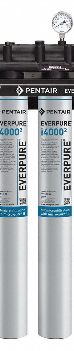 PENTAIR/EVERPURE Water Filtration System: 0.5 micron, 5 gpm, 29 1/2 in Overall Ht (MPN EV932523-75). Key specifications — Product Type: Ice Machine System; Filter Media: Carbon; Brand: PENTAIR/EVERPURE; Reduces: Chlorine Taste.