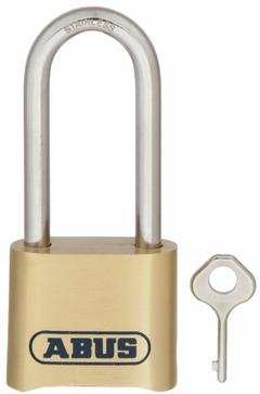 ABUS Combination Padlock: Scrolling Combo, Gold, Brass, Long Shackle, Stainless Steel Shackle (MPN 180IBHB/50). Key specifications — Dial Color: Gold; Brand: ABUS.