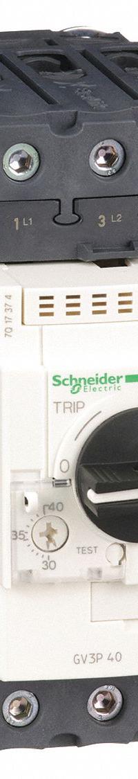 SCHNEIDER Manual Motor Starter: Non-Reversing, 3 Poles, 40 A, Thermal Protection, Selector Switch (MPN GV3P40). Key specifications — Maximum Voltage Rating: 600V AC; Brand: SCHNEIDER; Thermal Units Required: None (Starter Includes Integrated Thermal Units); Frame Size (Width): 45mm.