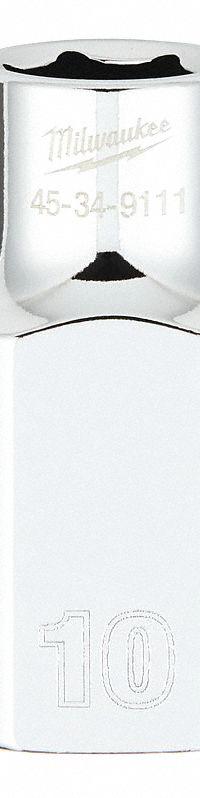 MILWAUKEE Standard Socket: Metric, 1/2 in Drive Size, 10 mm Socket Size, 6-Point, Std, Chrome (MPN 45-34-9111). Key specifications — attr1204417: MILWAUKEE; attr1204392: Chrome.