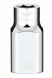 MILWAUKEE Standard Socket: Metric, 1/2 in Drive Size, 10 mm Socket Size, 6-Point, Std, Chrome (MPN 45-34-9111). Key specifications — attr1204417: MILWAUKEE; attr1204392: Chrome.
