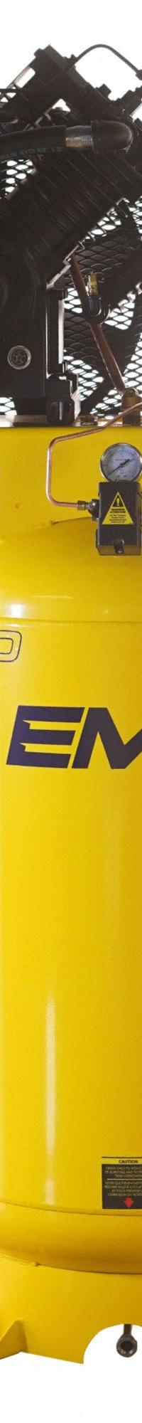EMAX Electric Air Compressor: 7.5 hp, 2 Stage, Vertical, 80 gal, 26 cfm, 175 psi, 208V/230V, Auto (MPN ESP07V080V3-208). Key specifications — attr1395880: Auto; attr48430: EMAX; attr48448: Belt Tensioner; attr48450: 208V/230V; attr48474: Three; attr48487: Vertical.