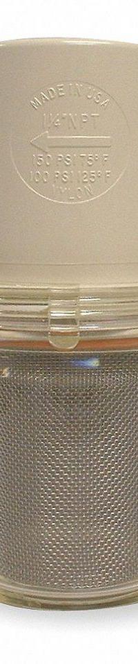 RON-VIK Inline Strainer: Nylon, 1/2 in, NPT, Mesh, 0.0117 in Screen Size, 100 psi Max. Op Pressure (MPN 7221790). Key specifications — Screen Material: 304 Stainless Steel; Bowl Color: Clear; Material: Nylon; Brand: RON-VIK; Seal Material: EPDM; Color: White.