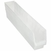 QUANTUM STORAGE SYSTEMS Shelf Bin: 23 5/8 in Overall Lg, 4 1/8 in x 6 in, Clear, Nesting Capable (MPN QSB205CL). Key specifications — attr1179622: QUANTUM STORAGE SYSTEMS; attr1179611: 0%; attr1179616: QSB205CL; attr1179624: Dividers Not Included; attr1249172: Not Electrostatic Discharge Conductive.