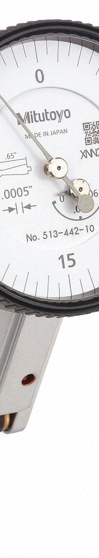 MITUTOYO Tilted-Face Dial Test Indicator: 0 in to 0.06 in, Tilted Face, Inch, +/- 0.0005 in (MPN 513-442-10T). Key specifications — attr1184166: (3) Carbide Points; attr1200917: Tilted-Face Dial Test Indicator; attr1184127: 513-442-10T; attr1184167: MITUTOYO; attr1184108: +/- 0.0005 in; attr1184144: Inspection Certificate.