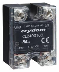 CRYDOM Solid State Relay: Surface Mounted, 5 A Max Output Current, Triac, AC Output (MPN CL240D05RC). Key specifications — Brand: CRYDOM; Current Type: AC; Electrical Connection: Screw Clamp; Finger Safe: Yes; Maximum Output Current without Heat Sink: 2.9 A; Mounting Style: Panel; Output Voltage: 24 to 280V AC; Switch Configuration: Form A.