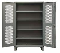 DURHAM MFG Storage Cabinet: 48 in x 24 in x 78 in, 4 Adj Shelves, Swing Handle & Padlock Hasp, Legs (MPN HDCV244878-4S95). Key specifications — Brand: DURHAM MFG; Body Panel Type: Ventilated; Base Type: Legs; Cabinet Color: Gray; Frame Assembled: Assembled.