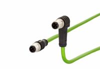 METZ CONNECT M12 Cable: Cat5/PROFINET, M12 Plug Male Straight x M12 plug Male Right Angle, 10 m Lg (MPN 142M1D19100). Key specifications — Brand: METZ CONNECT; Cable Jacket Color: Green; End 1 Coding: D; End 2 Coding: D; IP Rating: IPX7; Performance Category: Cat5; PROFINET.
