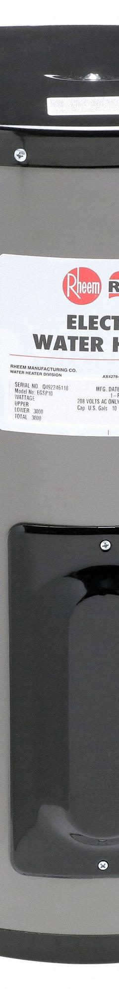 RHEEM-RUUD Point-of-Use Electric Water Heater: 208V, 10 gal, 3,000 W, Single Phase, 22.87 in Ht (MPN EGSP10 208V). Key specifications — Phase: Single; Brand: RHEEM-RUUD.