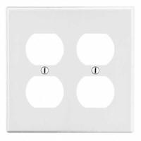 HUBBELL Wall Plate: Duplex Outlet, 2 Gang, White, Midsize Size (MPN PJ82W). Key specifications — Brand: HUBBELL; Material: Polycarbonate.