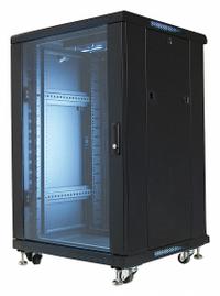 VIDEO MOUNT PRODUCTS Equipment Rack Enclosure: 18 Rack Units, 39 in x 23 5/8 in x 23 5/8 in, Steel (MPN EREN-18E). Key specifications — Brand: VIDEO MOUNT PRODUCTS; Includes: Casters; Material: Steel; Features_Broad: Tempered Glass Door; (2) Cooling Fans.