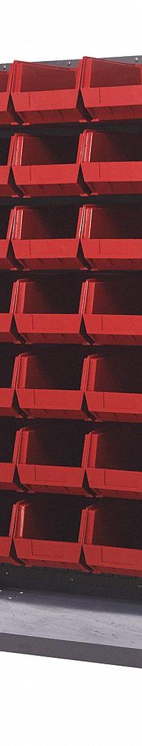 QUANTUM STORAGE SYSTEMS Mobile Louvered Floor Rack: 36 in x 24 in x 72 in, 56 Bins Included, Red (MPN QMD-36H-240RD). Key specifications — Bin Width: 8-1/4 in; Color: Gray; Caster Wheel/Configuration: (2) Rigid; Caster Wheel/Tread Material: Hard Rubber; Bin Color: Red; Bin Depth: 14-3/4 in; Bin Height: 7 in; Brand: QUANTUM STORAGE SYSTEMS.