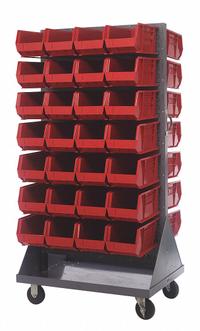 QUANTUM STORAGE SYSTEMS Mobile Louvered Floor Rack: 36 in x 24 in x 72 in, 56 Bins Included, Red (MPN QMD-36H-240RD). Key specifications — Bin Width: 8-1/4 in; Color: Gray; Caster Wheel/Configuration: (2) Rigid; Caster Wheel/Tread Material: Hard Rubber; Bin Color: Red; Bin Depth: 14-3/4 in; Bin Height: 7 in; Brand: QUANTUM STORAGE SYSTEMS.