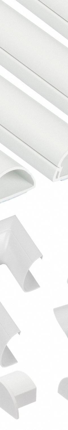 Raceway: Mini, 1 3/16 in Wd, 9/16 in Ht, 240 in Lg, Plastic, White (MPN US/5FT3015KIT001). Key specifications — Finish: Decor; Brand: D-LINE; Color: White; Item [MERCH]: Hinge and Click Lock; Includes: Clip-Over Accessories; Mounting Style: Adhesive; Material: PVC; Paintable: Yes.