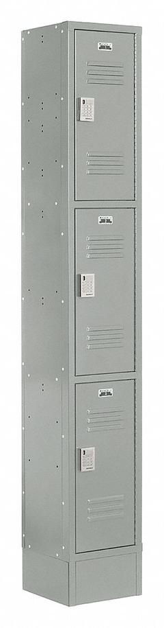 LOCKUP Wardrobe Locker: 12 in x 18 in x 82 in, Louvered, 3 Tiers, 1 Units Wide, Electronic Keypad (MPN LUPE-1W3T-LV1S-02-31-A). Key specifications — Brand: LOCKUP; Locker Color: Gray; Door Type: Louvered; Locker Material: Steel; Assembled: Assembled; Number Plate Included: No.