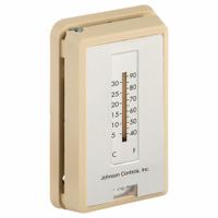 JOHNSON CONTROLS Pneumatic Thermostat: 55° to 85°F, 1 Pipe, Low Volume Pipes/Air Flow Output, Direct (MPN T-4100-1). Key specifications — Temperature Control Range: 55° to 85°F; Number of Pipes/Air Flow Output: 1 Pipe, Low Volume; Thermostat Action: Direct; Mounting Direction/Includes Cover: Vertical, Yes; Brand: JOHNSON CONTROLS.