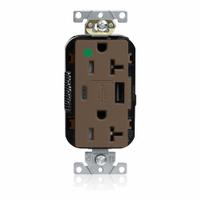 USB Receptacle: Decorator Duplex, 5-20R, 2 USB Ports, USB Type A/C, Brown, 125V AC, 20 A (MPN M58AC-HG). Key specifications — Brand: LEVITON.