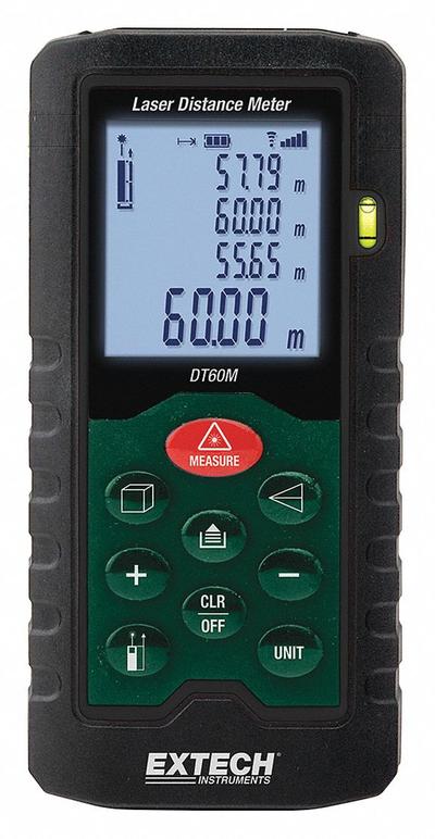 EXTECH Laser Distance Meter: Inch/Metric, 2 in – 196 ft, ± 0.08 in, AAA, Rubber - Indoor-Outdoor Laser Distance Meters