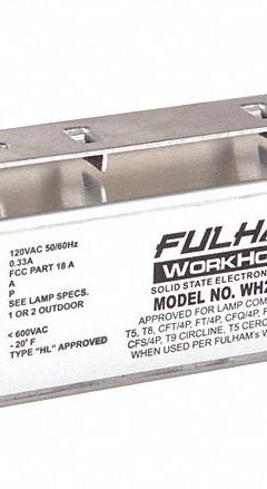 FULHAM Fluorescent Ballast: 120V AC, 1/2 Lamps Supported, 5 1/2 in Overall Lg, 1 in Overall Wd (MPN WH2-120-L). Key specifications — attr1125022: (1) F14T8; attr239899: FULHAM; attr1125144: 1.