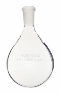 CHEMGLASS Distilling Flask: 1 L, Colorless, Round, A, 29/42 Compatible with Stopper Size (MPN CG-1512-10). Key specifications — Shape: Round; Body Color: Colorless; Brand: CHEMGLASS; Compatible with Stopper Size: 29/42; USP Specification: Type I.