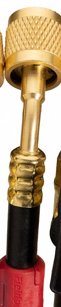 FIELDPIECE Hose Set: 5 ft Lg, 45° Angle, Black, Rubber, 3 Hoses, Ball Valve (MPN HR3CM). Key specifications — Brand: FIELDPIECE; Includes Valve: Yes.