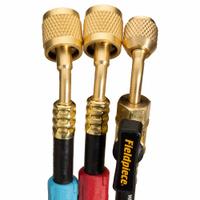 FIELDPIECE Hose Set: 5 ft Lg, 45° Angle, Black, Rubber, 3 Hoses, Ball Valve (MPN HR3CM). Key specifications — Brand: FIELDPIECE; Includes Valve: Yes.