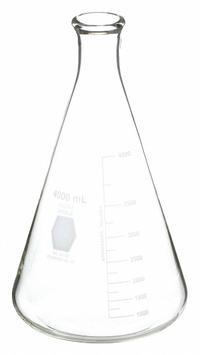 KIMBLE Erlenmeyer Flask: 4 L, Colorless, Conical, A, 12 Compatible with Stopper Size (MPN 26500-4000). Key specifications — Shape: Conical; Body Color: Colorless; Brand: KIMBLE; Compatible with Stopper Size: 12; USP Specification: Type I.