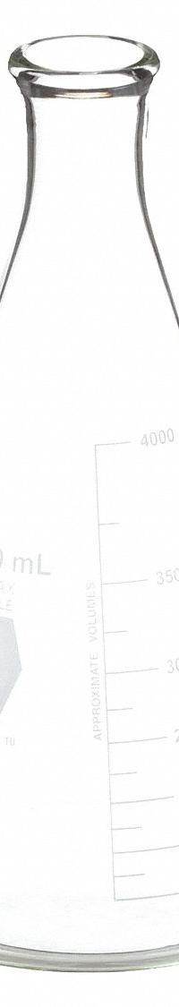 KIMBLE Erlenmeyer Flask: 4 L, Colorless, Conical, A, 12 Compatible with Stopper Size (MPN 26500-4000). Key specifications — Shape: Conical; Body Color: Colorless; Brand: KIMBLE; Compatible with Stopper Size: 12; USP Specification: Type I.