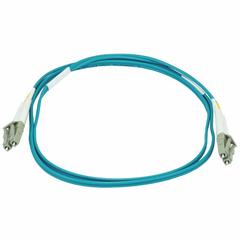 MONOPRICE Fiber Optic Patch Cord: Multi-Mode, 1 m Lg, LC End 1, LC End 2, Aqua, PVC, 2 Fiber Count (MPN 6385). Key specifications — Fire Rating: Riser; Jacket Material: PVC; Number of Fibers: Duplex; Brand: MONOPRICE; _Fiber Optic Cable Style: 50/125µ OM4.