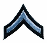 HEROS PRIDE Embroidered Patch: PFC, 3 in, Black/Gray, Polyester/Rayon, Rank Insignia, 1 PR (MPN 5415P). Key specifications — attr188498: 3 in; attr188499: Gray; attr188500: Rayon; attr188503: PFC; attr193746: HEROS PRIDE.